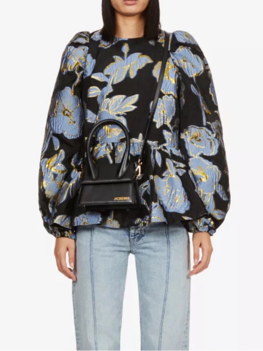 Stine Goya Metallic Floral Organza Peplum Blouse Puff Sleeve Medium Blue & Gold